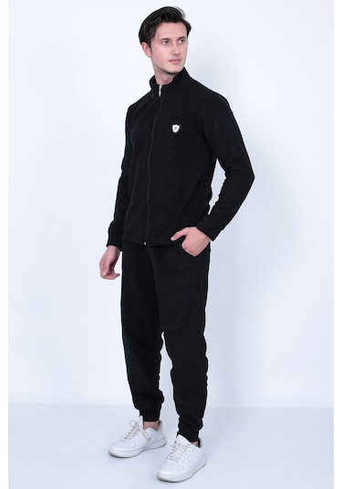 Lukitus Tam Fermuarlı Polar Erkek Eşofman Takımı - Siyah