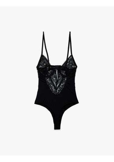 Koton V Yaka İnce Askılı Transparan Dantelli Bodysuit Siyah 6wlk00002mk Siyah