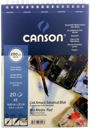 Canson A5 Üstten Spiralli Fıneface Çok Amaçlı Resim Blokları 200