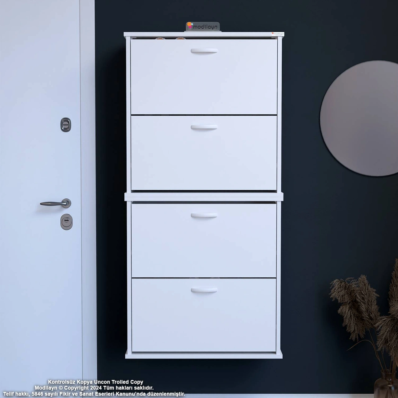 Asaf Beyaz Asma Ayakkabılık Antre Hol 4 Düşer Kapak 8 Göz Bölmeli Ayakkabılık 72x148x25,5 Cm Beyaz