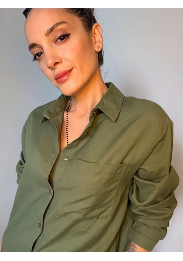 Ali Butik Haki Basic Keten Gömlek Haki