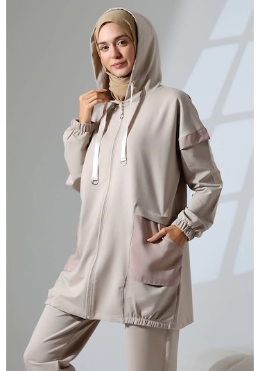 Kadın Taş Rengi Mevsimlik Penye Alt Üst Spor Ve Rahat Ikili Tunik Pantolon Şık Tesettür Takım Taş Rengi
