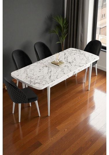 Mura Beyaz Mermer 80x132 Açılabilir Mdf Masa Yemek Odası Takımı, Mutfak Takımı 4 Adet Sandalye Siyah