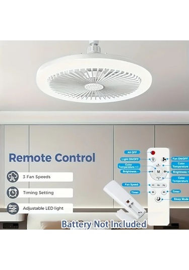 Xuweiwei Beyaz E27 Uzaktan Kumandalı Led Akıllı Tavan Vantilatör Lambası 3 Hız 3 Renk 17 Mod E27