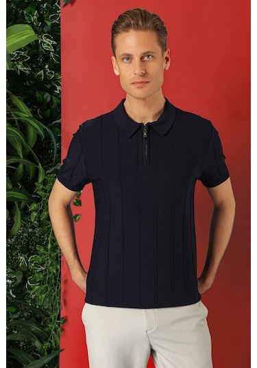 Slim Fit Fermuarlı Polo Yaka Kısa Kol Lacivert Triko Tr 865 Lacivert