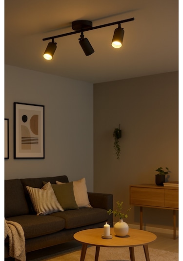 Spoti 3'lü Siyah Renk Gün Işığı Modern Tasarım Salon - Mutfak - Banyo Spot Ledli Sıralı Avize Siyah