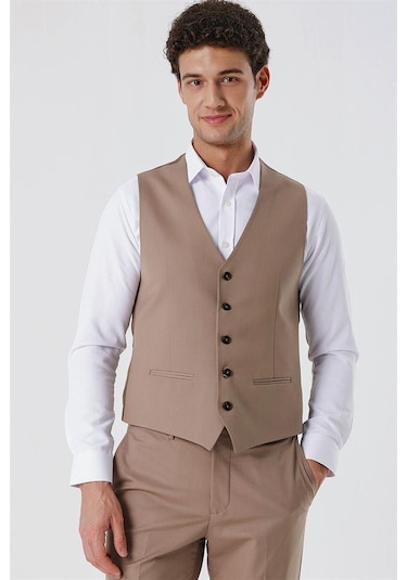 Koyu Bej V Yaka Klasik Yelek 1009230104-Koyu Bej