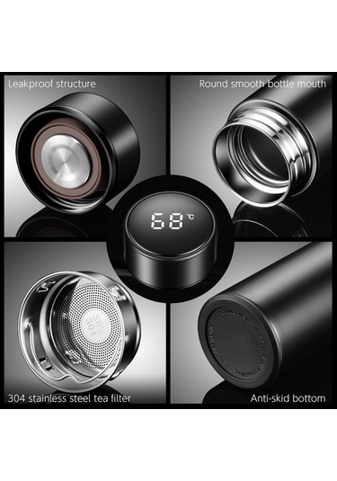 Ulzyvf Akıllı Dokunmatik 500ml Çelik Termos - Anlık Sıcaklık Göstergeli Seyahat Şişesi Siyah Siyah