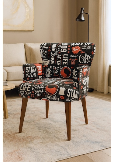 Roma Modern Tekli Koltuk Berjer - Dijital Baskılı Kumaş - Ahşap Ayak - Cafe Desen Cafe Desen