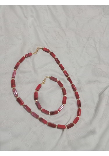 Kırmızı Kolye Ve Bileklik Takı Seti Kırmızı