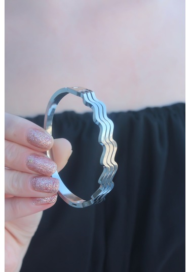 316l Kararmaz Çelik Gümüş Renk Dalga Model Kelepçe Kadın Bileklik Renkli