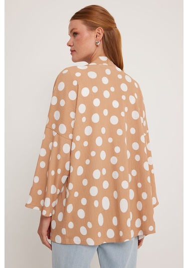 Bigdart Kadın Bej Beyaz Puantiyeli Örme Kimono 5862 001