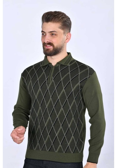 Kamalı Erkek Çelik Örgü Baklava Desenli Gömlek Yaka Fermuarlı Polo Yakalı Tüylenmez Triko Kışlık Baba Kazak Haki