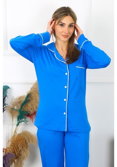 Akbeniz Kadın Pamuk Penye Önden Düğmeli Uzun Kol Saks Pijama Takım 2782-saks Saks