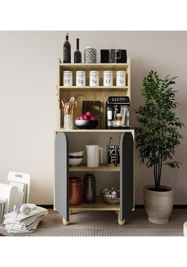 Parma 2 Kapaklı Mutfak Dolap, Kahve Köşesi, Çok Amaçlı Dolap Safir Meşe-antrasit