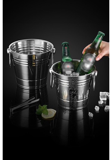 Çelik Şampanya Kovası 6 L Kulplu Buz Kovası Buzluk Cin921 Gri