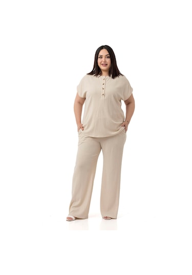 Büyük Beden Düşük Kollu Bluz Pantolon Bej Rengi İkili Takım Bej
