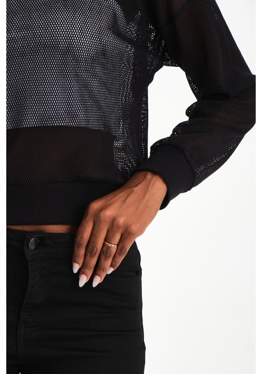 Bisiklet Yaka Petek File Bluz Siyah