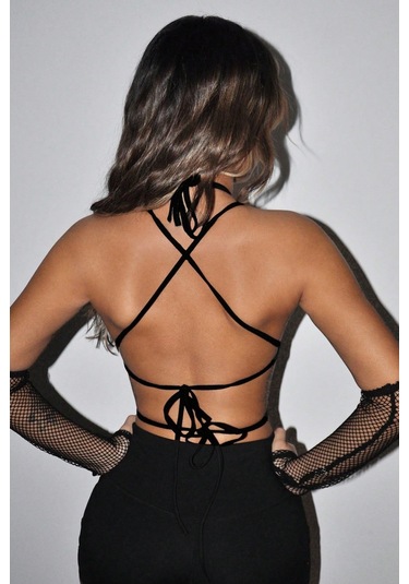 Merry See 3 Parçalı Eldiven Sütyen Crop Takım Siyah