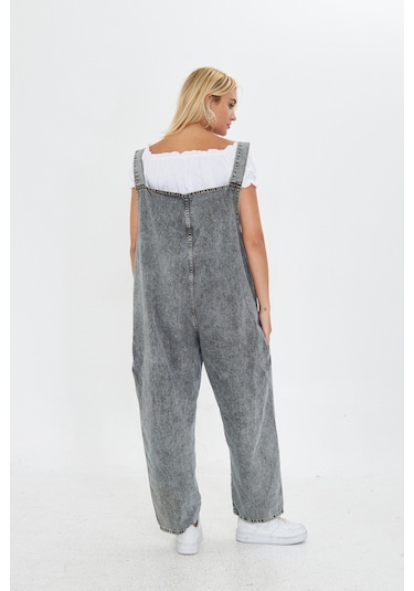 Antrasit Ayarlanabilir Askılı Cepli Oversize Kesim Denim Salopet Antrasit