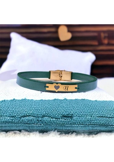 Archin Ü Harfine Özel Hakiki Yeşil Derili Kalp Figürlü 14 Ayar Altın Plakalı Hediye Bileklik-573harf Ü