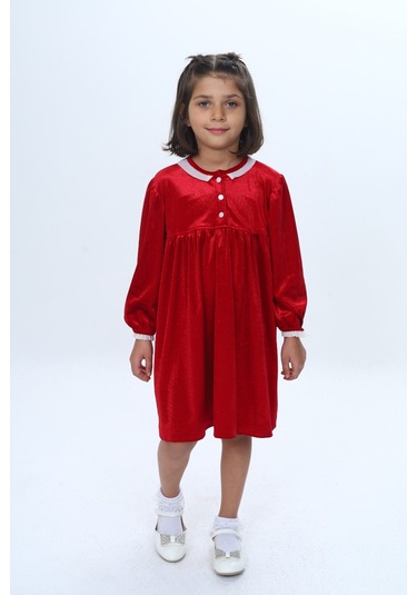 Toontoy Kız Çocuk Yaka Düğmeli Fırfırlı Elbise Kırmızı