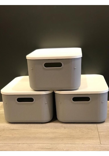 Bayev 3 Adet Storage 13 Lt Gri Dolap Içi Düzenleyici Kutu - Çorap Kıyafet Kapaklı Saklama Kabı Gri