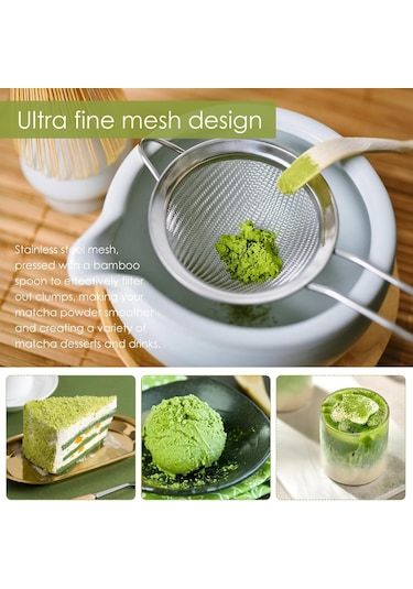 Monyee Seramik Çay Süzgeci Ve Matcha Kaşığı Seti - Pürüzsüz Matcha İçin Pratik Çay Hazırlama Aleti Ahşap