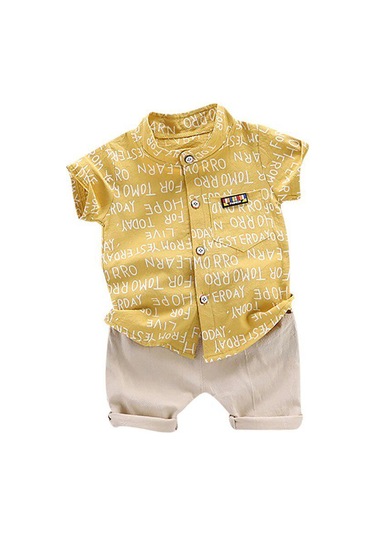 Sarı Yaz Bebek Erkek Günlük Kısa Kollu Harfli Baskılı Tişört Üst + Şort Kostüm Seti Sarı