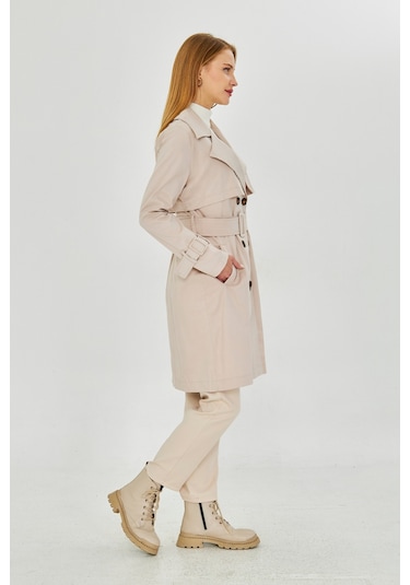 Pastelastore Esnek Pamuk Gabardin Midi 95cm Astarsız Kadın Trençkot 1118 Taş Rengi Taş
