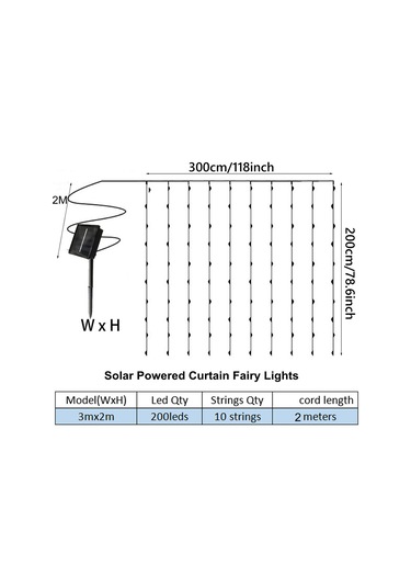 Maiyame Güneş Enerjili Led Perde Işığı 3m X 2m 200 Işık 8 Fonksiyonlu ...