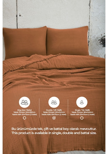 %100 Pamuk Çift Kişilik Müslin Yatak Örtüsü 4 Katlı Yumuşak Battaniye Müslin Pike Takımı 3 Parça Turuncu Turuncu