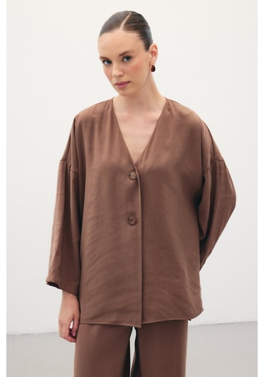 Sateen Düğmeli Kimono - Kahve-136354 Kahve
