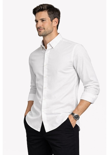 Classics Men Shoow Uzun Kol Slim Fit Erkek Keten Gömlek - 7576 Beyaz