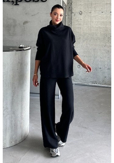 Modagen Kadın Selanik Kumaş Balıkçı Yaka Alt Üst Takım Siyah