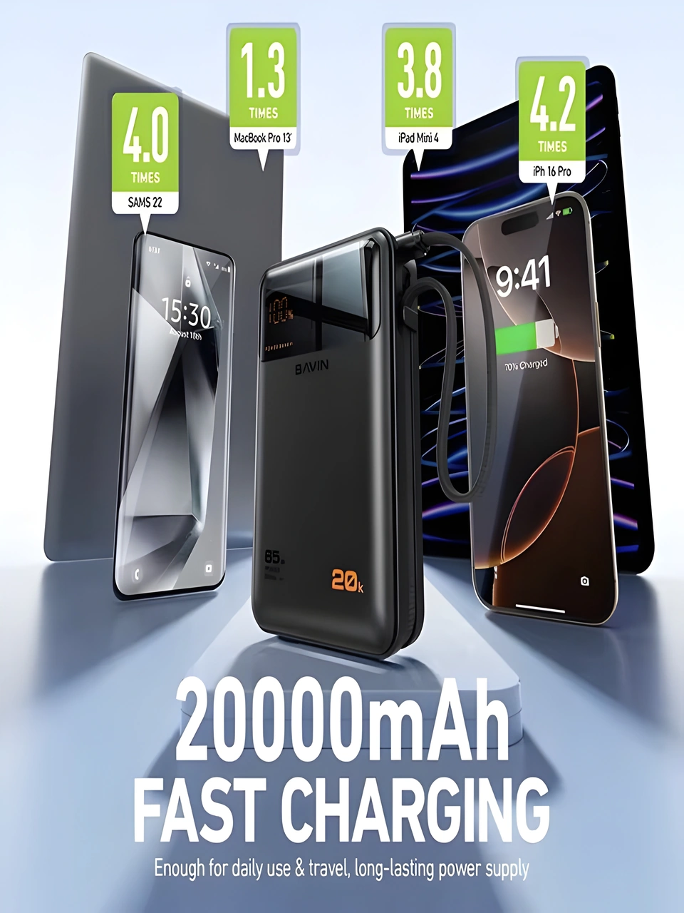 20000mah 65w Hızlı Şarj Dijital Göstergeli Type-c Kablolu/girişli Askılı Powerbank - Siyah siyah