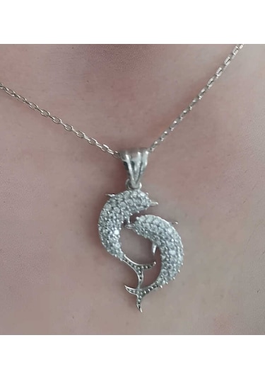 Artsmagazinmücevher Gümüş Çift Yunus Balığı Kadın Kolye