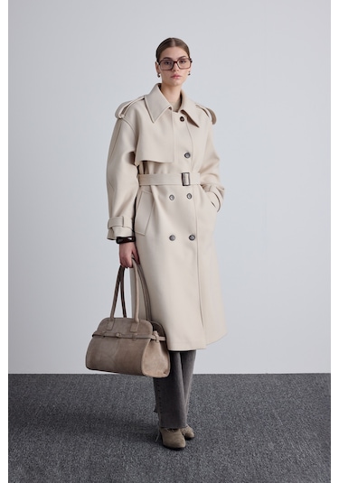 Apolet Detaylı Kaşe Kaban Bej