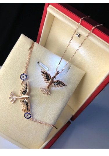 Kadın Gümüş Set - Zümrüdü Anka Kuşu Nazar Boncuklu Işıklı Kutud