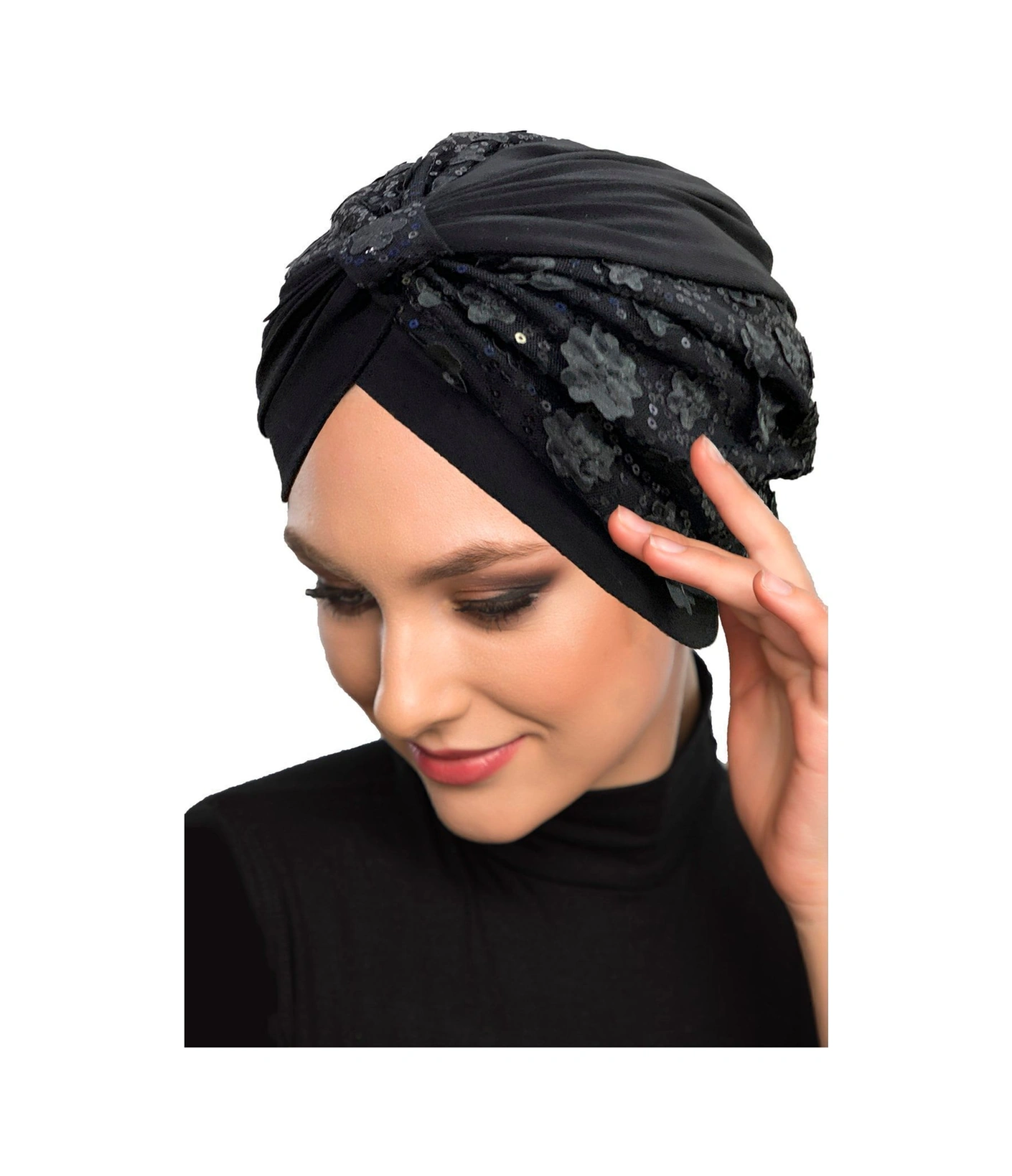 Özel Tasarım Siyah Pullu-dantel Çiçek Motifli Astarlı Hazır Türban Tesettür Abiye Bone Siyah26