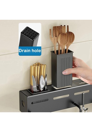 Siyah Duvara Monte Mutfak Rafı Çok Fonksiyonlu Paslanmaz Çelik Pişirme Gereçler Depolama Rafı Çatal Bıçak Tutucu Sofra Organizatör With Rod-40cm