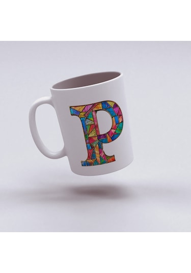 P Harfi Bardak 330 Ml İsme/harfe Özel Hediye, Renkli Harf Tasarım Beyaz