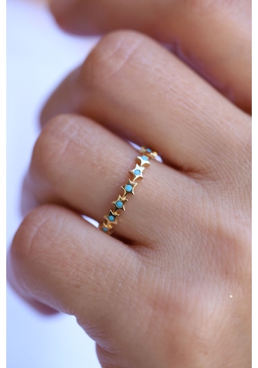 Yenigün Kuyumculuk 14 Ayar Altın Firuze Taş Detaylı Yıldız Dizisi Yüzük Yzk26055