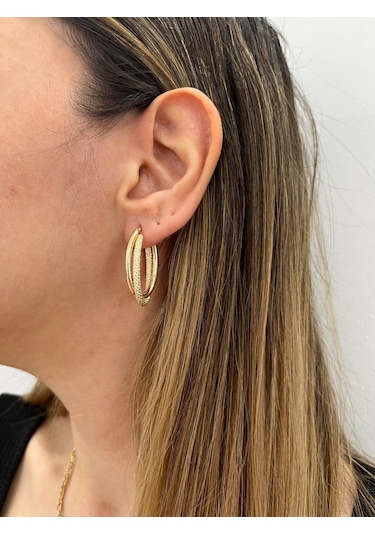 Altın Nesil - 14 Ayar Altın Parlak Kumlu Elips Küpe Altın - Beyaz Altın