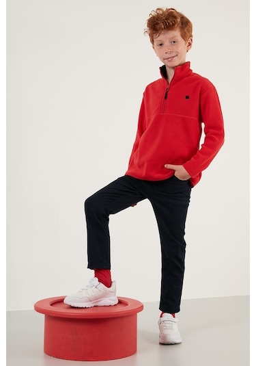 Lela Yumuşak Dokulu Fermuarlı Dik Yaka Şardonlu Kışlık Unisex Çocuk Polar 5905002 Kırmızı