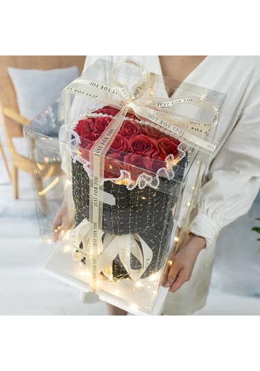 Hangfox 21 Adet Kekik Kız Mavi Buz Gül Soap Çiçek Buketi - Hediye Çantası Ve Lambalı Doğum Günü Özel Hediyesi