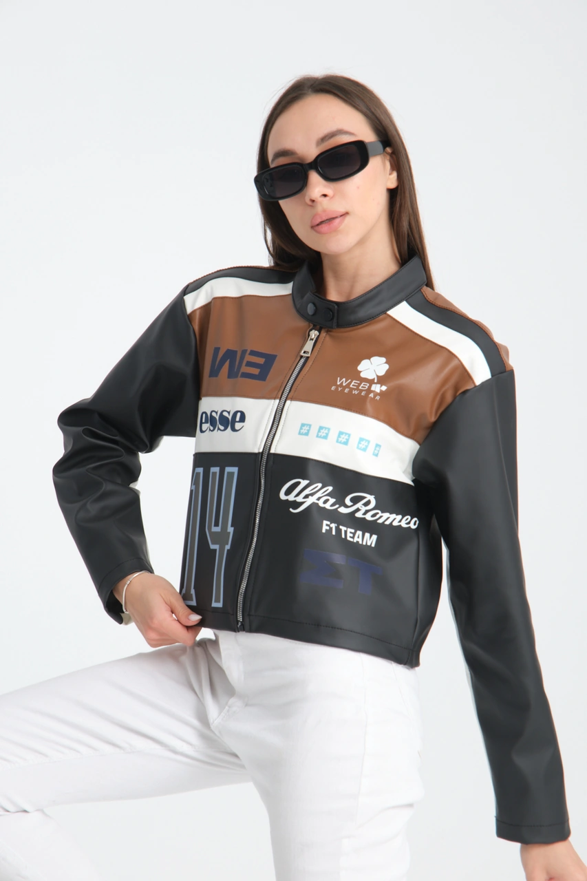 Kadın Oversize Baskılı Deri Şeritli Motorcu Montu Garnili Fermuarlı Yarışçı Ceketi Bomber Kolej Mont Kahve