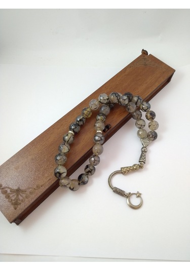 Gri Damarlı Akik Taşı Tespih Ahşap Kutulu / 10 MM Doğaltaş Tespih