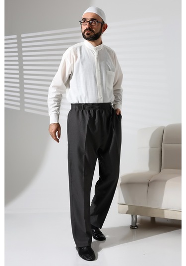 Erkek Beli Lastikli Cepli Hac Ve Umre Kışlık Yün Efektli Şalvar Pantolon - Füme İsr Füme