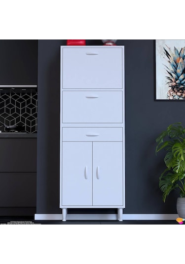 Modilayn Vio 65x163,4x32,5 Cm Yeni Çekmeceli, Kapaklı, Ekmeklikli, Çok Amaçlı Mutfak Dolabı. Beyaz